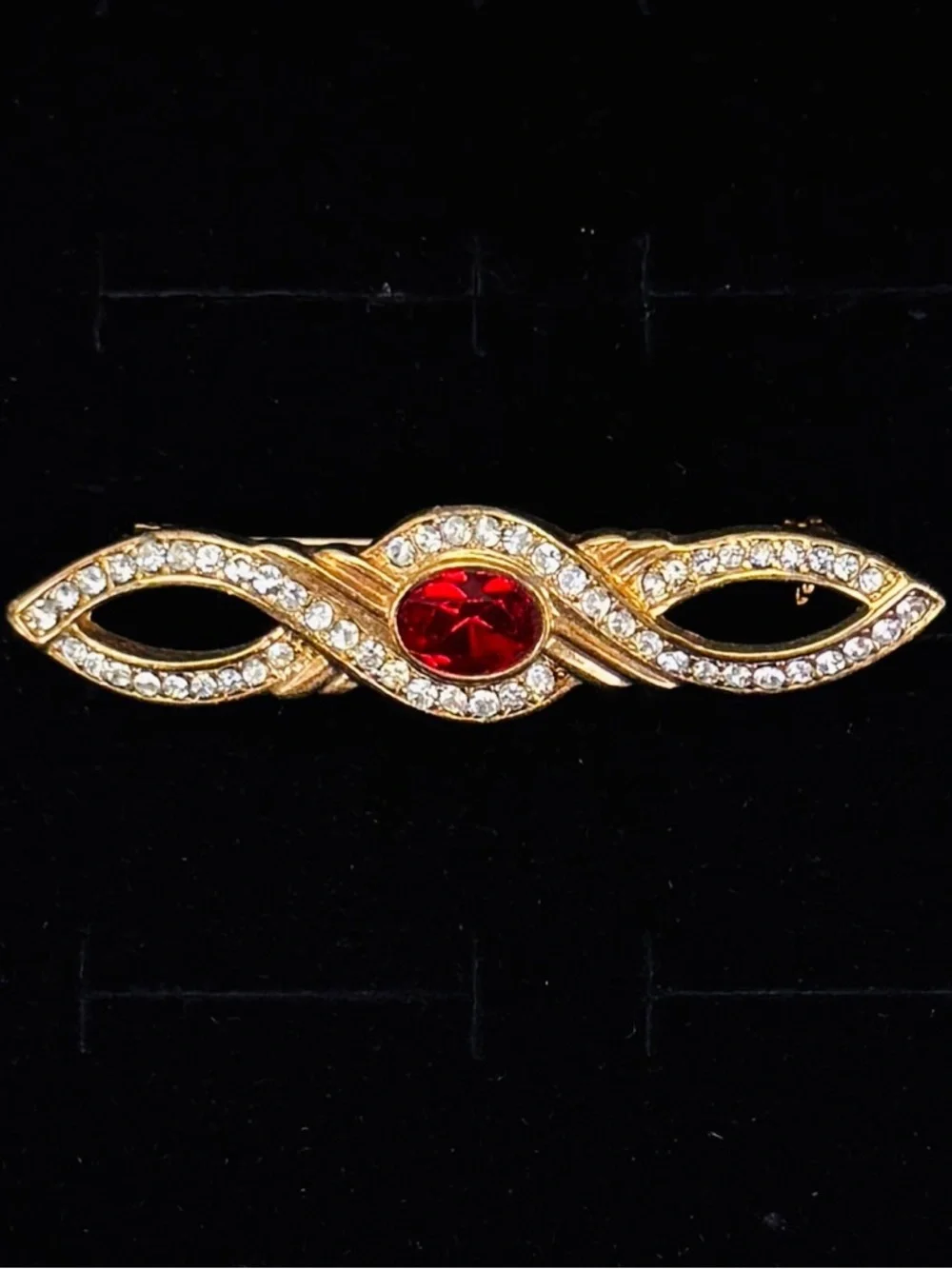 Vintage Goldtone Brooch with Bling and Red Accent  Center